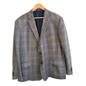Paul Frederick Mens Brown Blue Plaid  Blazer Jacket Sport Coat Regular Fit 48R
